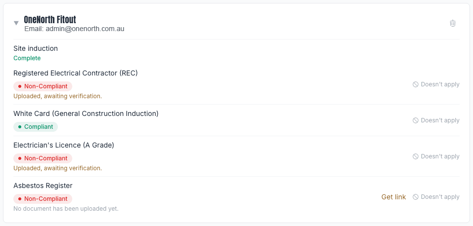 A Tradie's compliance rows showing Novato Vault-shared documents as 'Uploaded, awaiting verification' next to one still needing a manual upload link